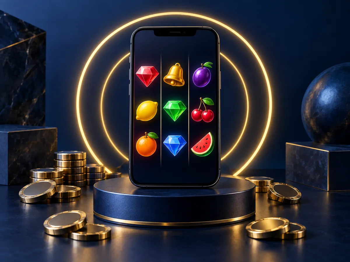 Smartphone mit abstrakten Spielsymbolen vor goldenen Lichtringen
